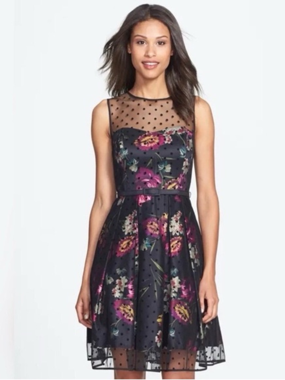 Eliza J 4 Polka Dot Mesh Floral Print Sleeveless Fit And Flare Dress